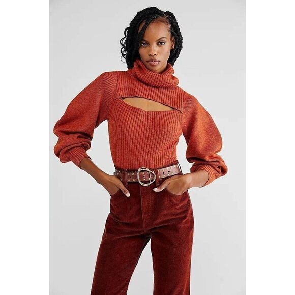 NEW FREE PEOPLE SzS ARIEL TURTLENECK PULLOVER RIBBED CUTOUT  SWEATER SALSA BRAVO - Picture 1 of 4
